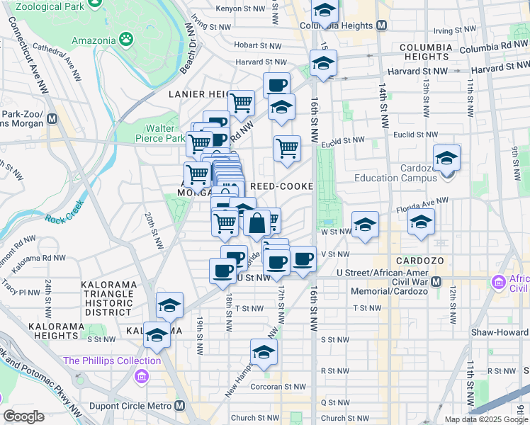 map of restaurants, bars, coffee shops, grocery stores, and more near 2231 Ontario Road Northwest in Washington