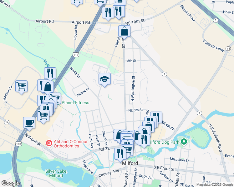 map of restaurants, bars, coffee shops, grocery stores, and more near 600 North Walnut Street in Milford