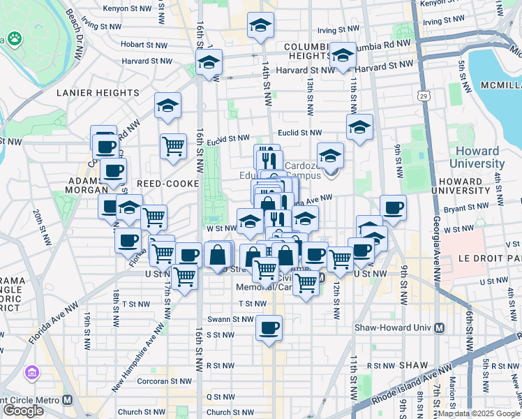 map of restaurants, bars, coffee shops, grocery stores, and more near 1421 Florida Avenue Northwest in Washington