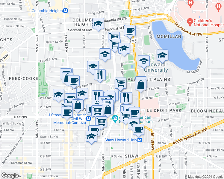 map of restaurants, bars, coffee shops, grocery stores, and more near 986 Florida Avenue Northwest in Washington