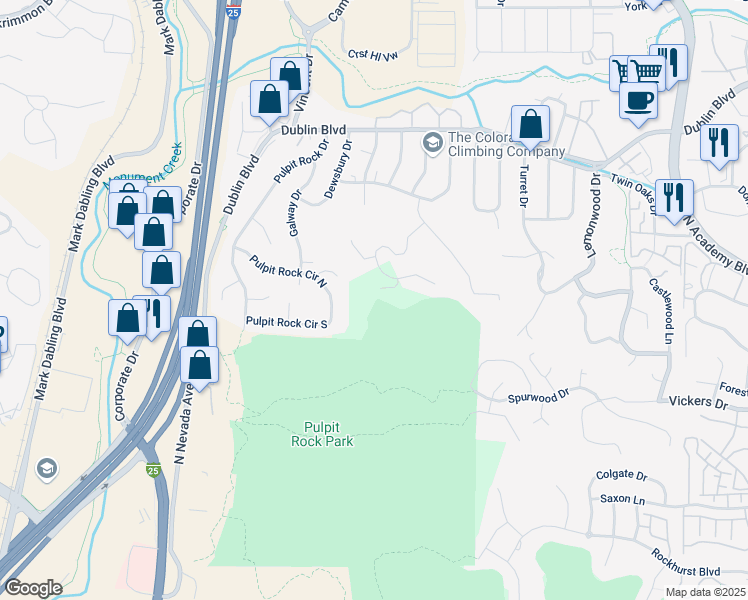map of restaurants, bars, coffee shops, grocery stores, and more near 1030 Garlock Court in Colorado Springs