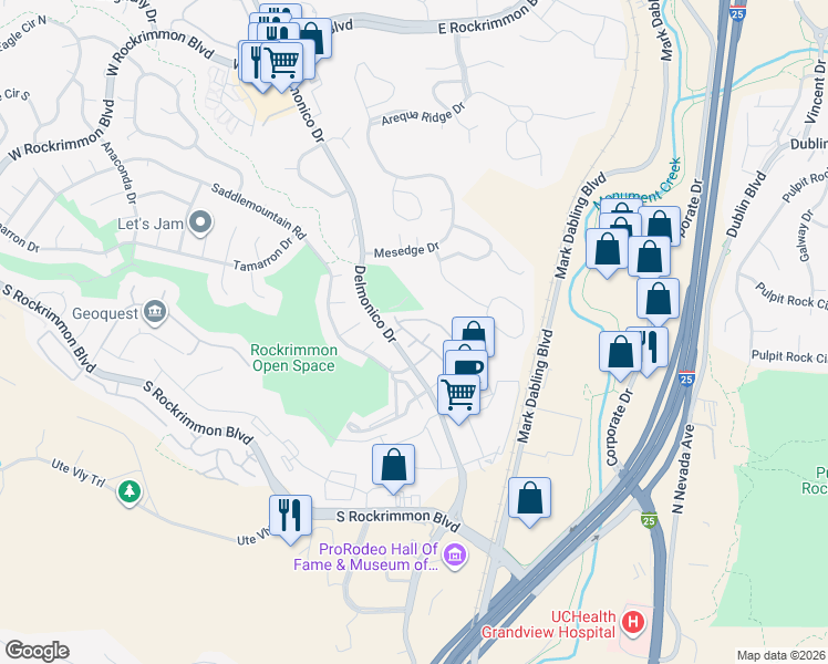 map of restaurants, bars, coffee shops, grocery stores, and more near 6269 Colony Circle in Colorado Springs