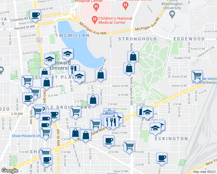 map of restaurants, bars, coffee shops, grocery stores, and more near 127 Adams Street Northwest in Washington