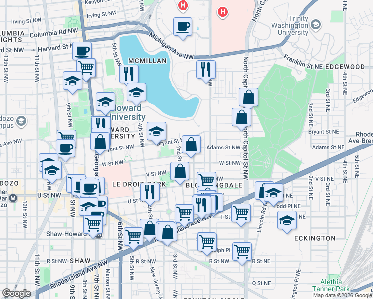 map of restaurants, bars, coffee shops, grocery stores, and more near 101 Independence Avenue Southeast in Washington