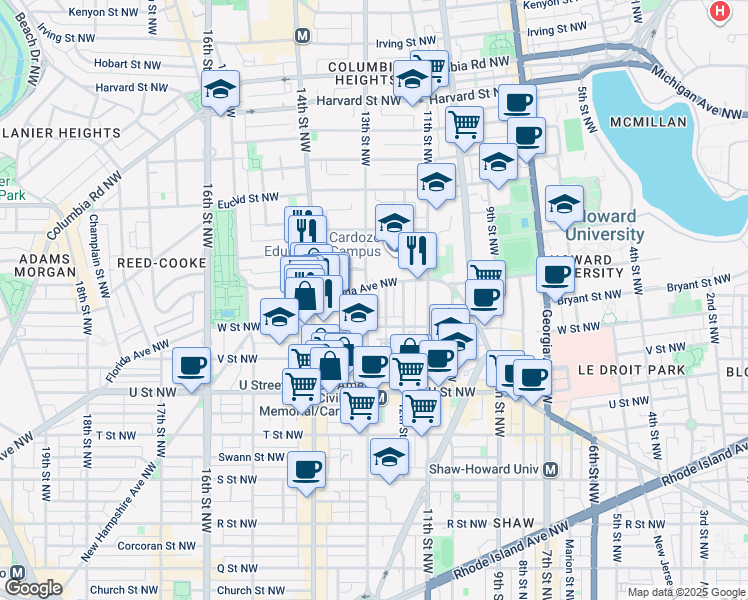 map of restaurants, bars, coffee shops, grocery stores, and more near 2231 13th Street Northwest in Washington