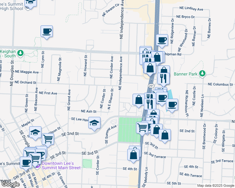 map of restaurants, bars, coffee shops, grocery stores, and more near 309 Northeast Independence Avenue in Lee's Summit