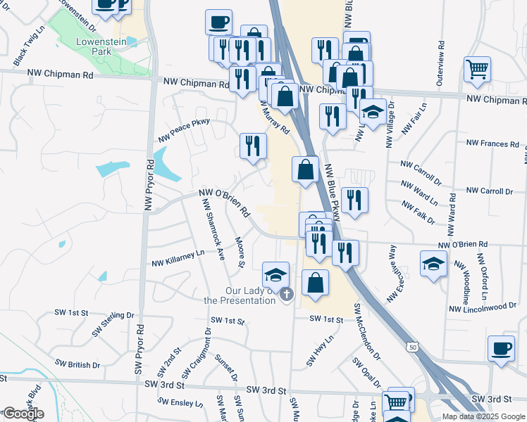 map of restaurants, bars, coffee shops, grocery stores, and more near 512 Northwest Murray Road in Lee's Summit