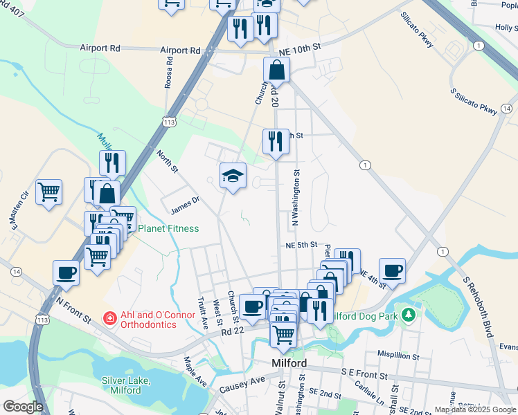 map of restaurants, bars, coffee shops, grocery stores, and more near 600 North Walnut Street in Milford