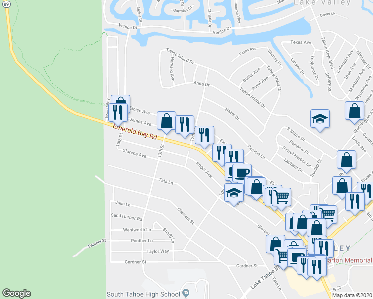map of restaurants, bars, coffee shops, grocery stores, and more near 1995 12th Street in South Lake Tahoe