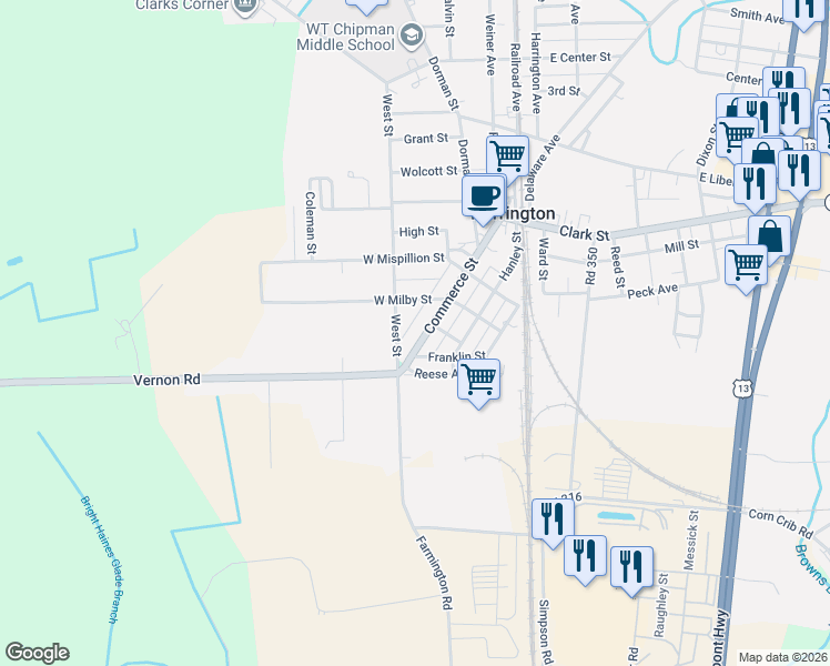 map of restaurants, bars, coffee shops, grocery stores, and more near 208 West Street in Harrington