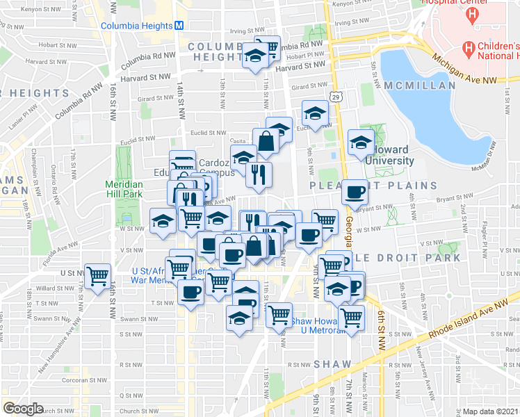 map of restaurants, bars, coffee shops, grocery stores, and more near 2230 11th Street Northwest in Washington