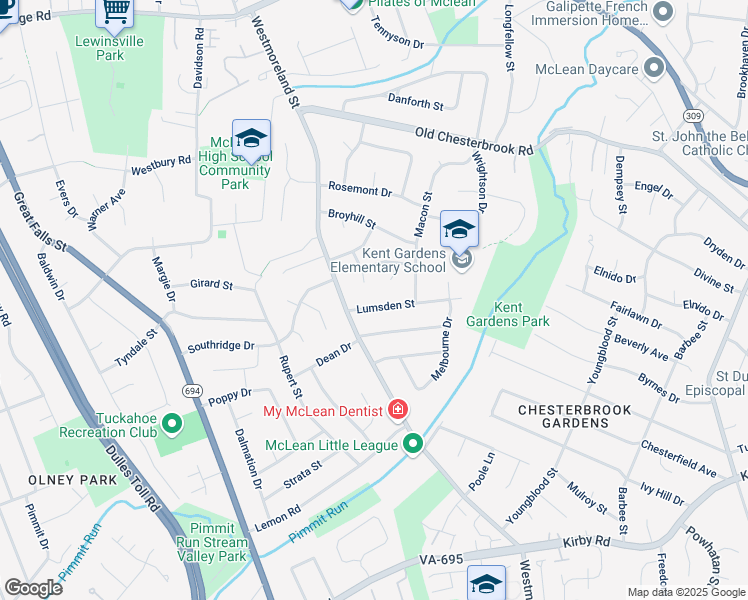 map of restaurants, bars, coffee shops, grocery stores, and more near 6810 Lumsden Street in McLean