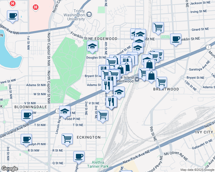 map of restaurants, bars, coffee shops, grocery stores, and more near 400 Rhode Island Avenue Northeast in Washington