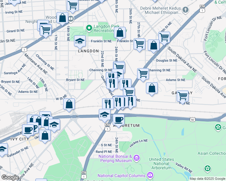 map of restaurants, bars, coffee shops, grocery stores, and more near 101 Independence Avenue Southeast in Washington