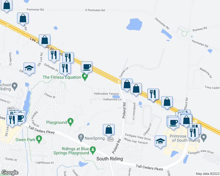 map of restaurants, bars, coffee shops, grocery stores, and more near Birargate Terrace in Chantilly