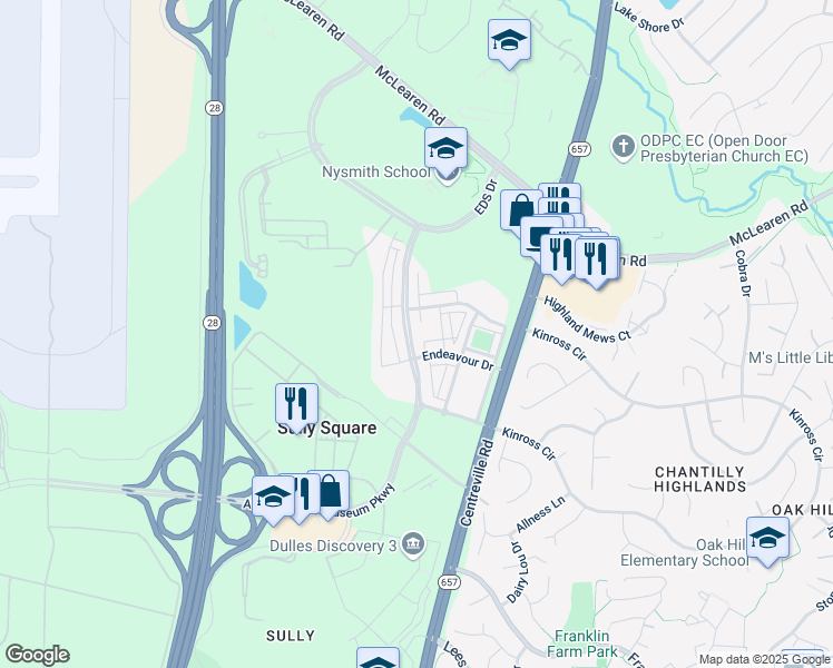 map of restaurants, bars, coffee shops, grocery stores, and more near 13701 Air and Space Museum Parkway in Herndon