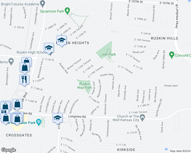 map of restaurants, bars, coffee shops, grocery stores, and more near 7704 Ruskin Way in Kansas City