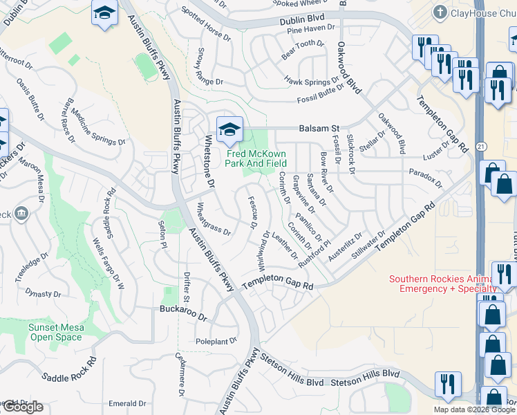 map of restaurants, bars, coffee shops, grocery stores, and more near 6150 Whirlwind Drive in Colorado Springs