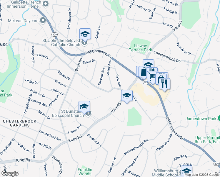 map of restaurants, bars, coffee shops, grocery stores, and more near 6322 Old Chesterbrook Road in McLean