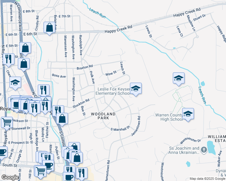 map of restaurants, bars, coffee shops, grocery stores, and more near 4 North Easterly Street in Front Royal