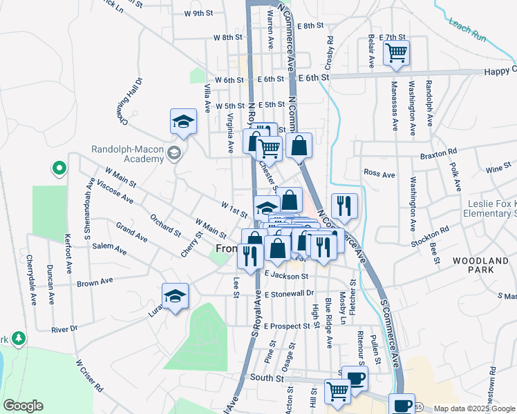 map of restaurants, bars, coffee shops, grocery stores, and more near 115 North Royal Avenue in Front Royal