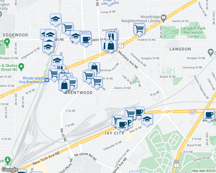 map of restaurants, bars, coffee shops, grocery stores, and more near 2316 13th Place Northeast in Washington