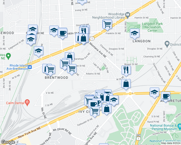 map of restaurants, bars, coffee shops, grocery stores, and more near 1320 Adams Street Northeast in Washington