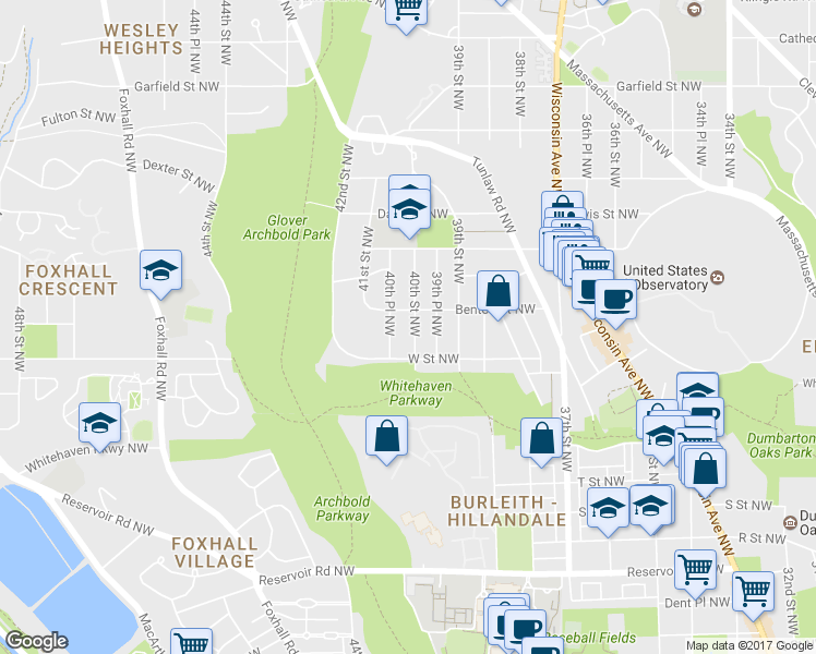 map of restaurants, bars, coffee shops, grocery stores, and more near 2228 40th Street Northwest in Washington