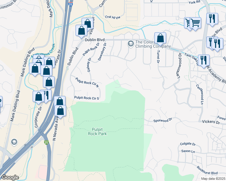 map of restaurants, bars, coffee shops, grocery stores, and more near 1030 Garlock Court in Colorado Springs