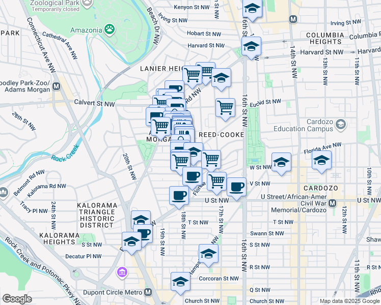 map of restaurants, bars, coffee shops, grocery stores, and more near 2298 Champlain Street Northwest in Washington