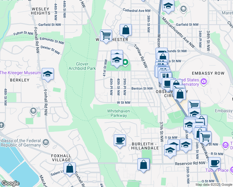 map of restaurants, bars, coffee shops, grocery stores, and more near 2228 40th Street Northwest in Washington