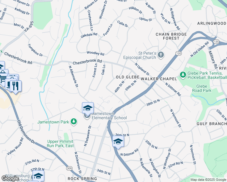 map of restaurants, bars, coffee shops, grocery stores, and more near 4001 North Woodstock Street in Arlington