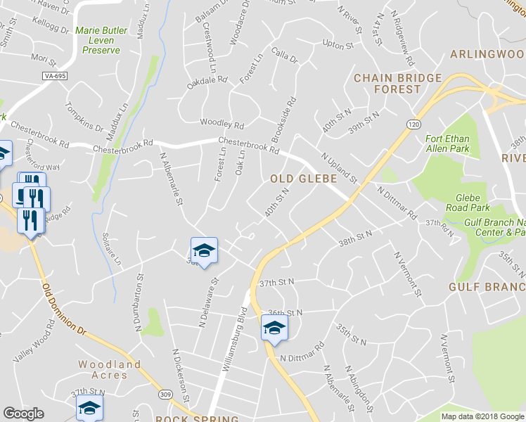 map of restaurants, bars, coffee shops, grocery stores, and more near 4001 North Woodstock Street in Arlington