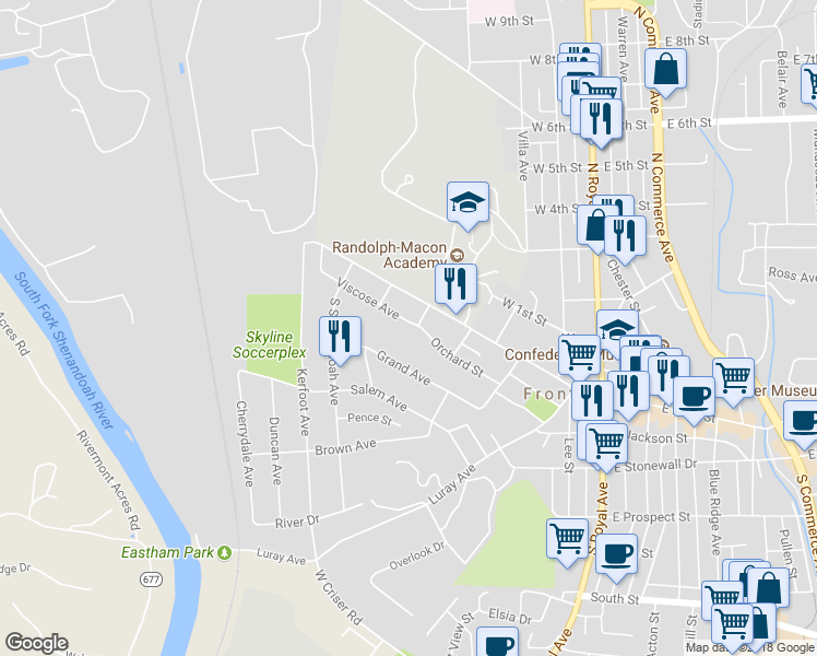 map of restaurants, bars, coffee shops, grocery stores, and more near 404 Viscose Avenue in Front Royal