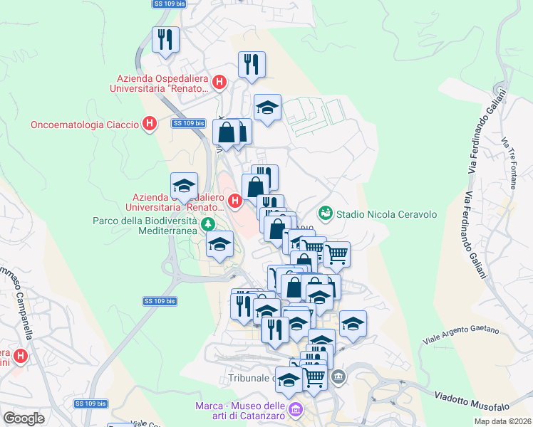 map of restaurants, bars, coffee shops, grocery stores, and more near Via Martiri di Gerace 1847 in Catanzaro