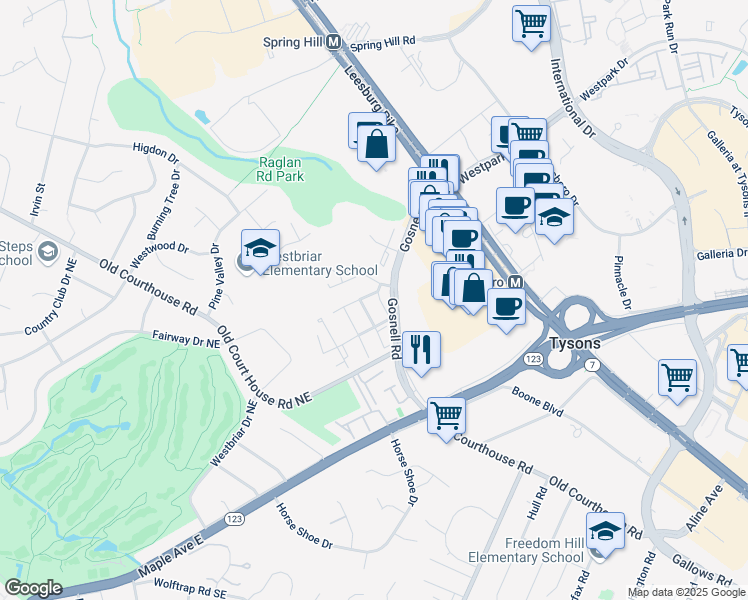 map of restaurants, bars, coffee shops, grocery stores, and more near 1778 Paisley Court in Vienna
