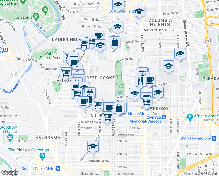 map of restaurants, bars, coffee shops, grocery stores, and more near 1602 Belmont Street Northwest in Washington