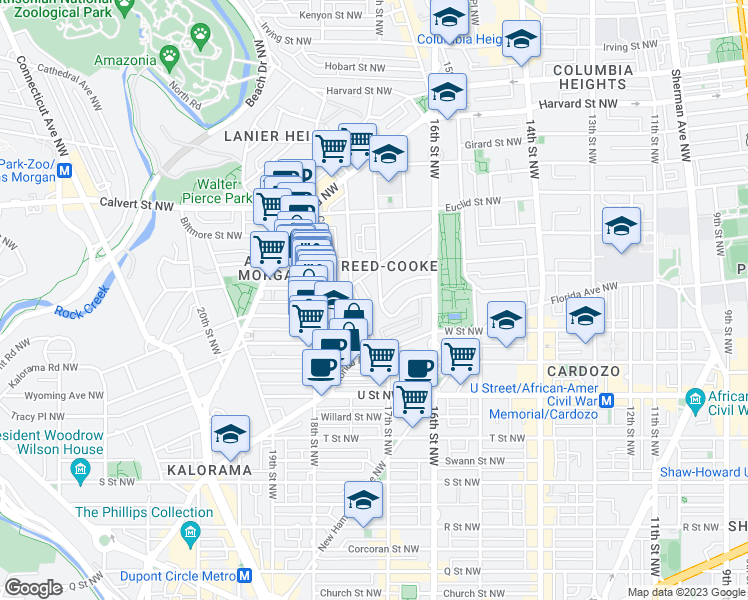 map of restaurants, bars, coffee shops, grocery stores, and more near 2298 17th Street Northwest in Washington