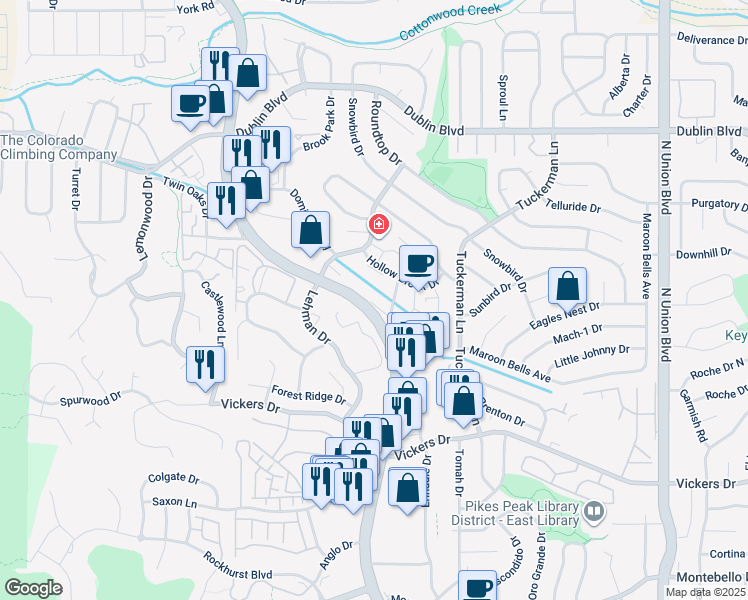 map of restaurants, bars, coffee shops, grocery stores, and more near 6062 Hollow Tree Court in Colorado Springs