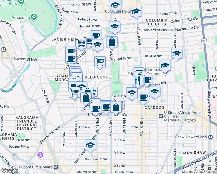 map of restaurants, bars, coffee shops, grocery stores, and more near 1600 Beekman Place Northwest in Washington