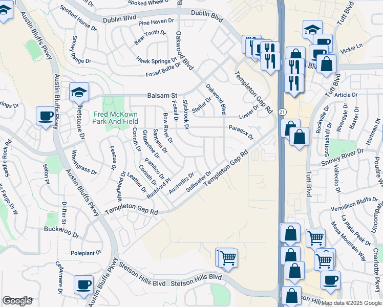 map of restaurants, bars, coffee shops, grocery stores, and more near 5833 Bow River Drive in Colorado Springs