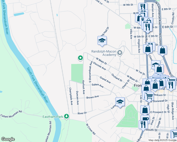map of restaurants, bars, coffee shops, grocery stores, and more near 119 South Shenandoah Avenue in Front Royal