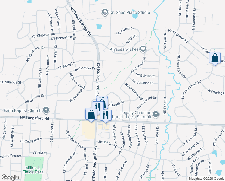 map of restaurants, bars, coffee shops, grocery stores, and more near 441 Northeast Churchill Street in Lee's Summit