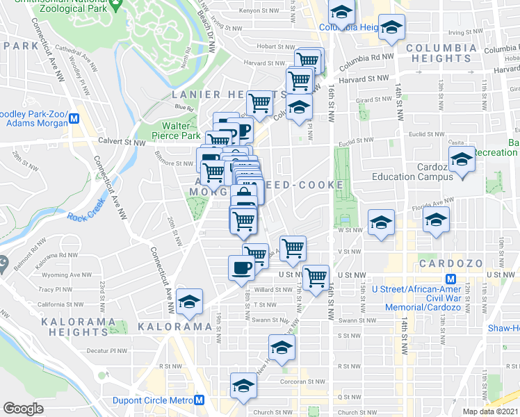 map of restaurants, bars, coffee shops, grocery stores, and more near Kalorama Road Northwest & Champlain Street Northwest in Washington