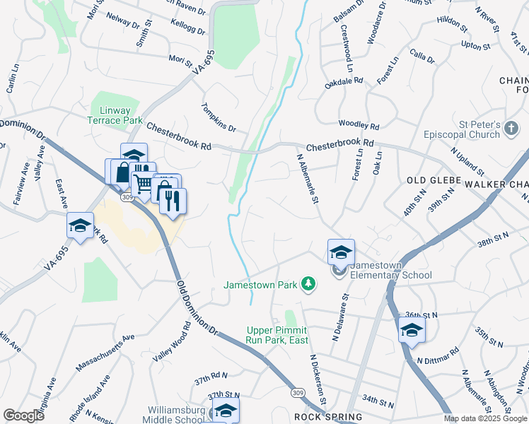 map of restaurants, bars, coffee shops, grocery stores, and more near 6104 Still Water Way in McLean