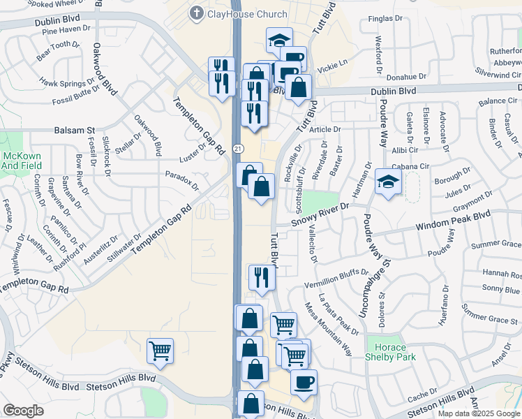 map of restaurants, bars, coffee shops, grocery stores, and more near 6140 Tutt Boulevard in Colorado Springs