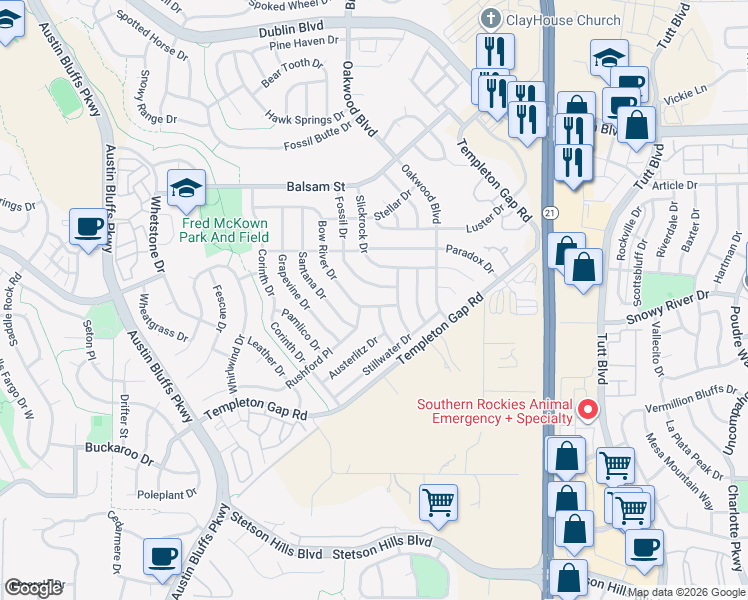 map of restaurants, bars, coffee shops, grocery stores, and more near 5832 Fossil Drive in Colorado Springs