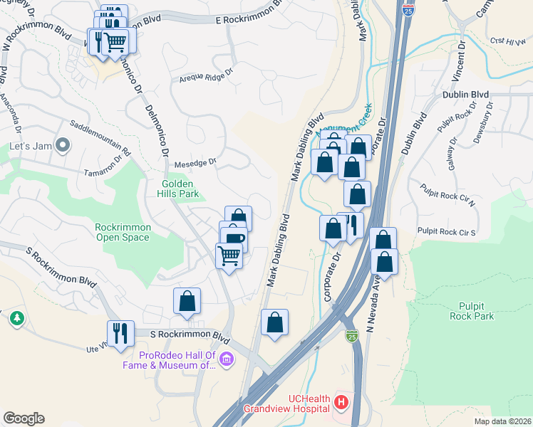 map of restaurants, bars, coffee shops, grocery stores, and more near 250 Dolomite Drive in Colorado Springs