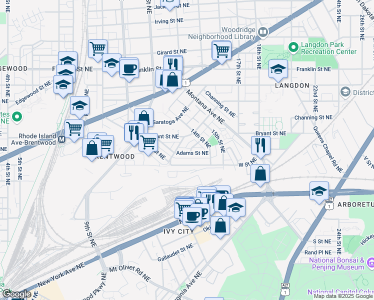 map of restaurants, bars, coffee shops, grocery stores, and more near 101 Independence Avenue Southeast in Washington