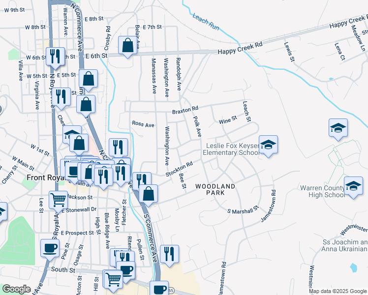 map of restaurants, bars, coffee shops, grocery stores, and more near 721 Rodney Avenue in Front Royal